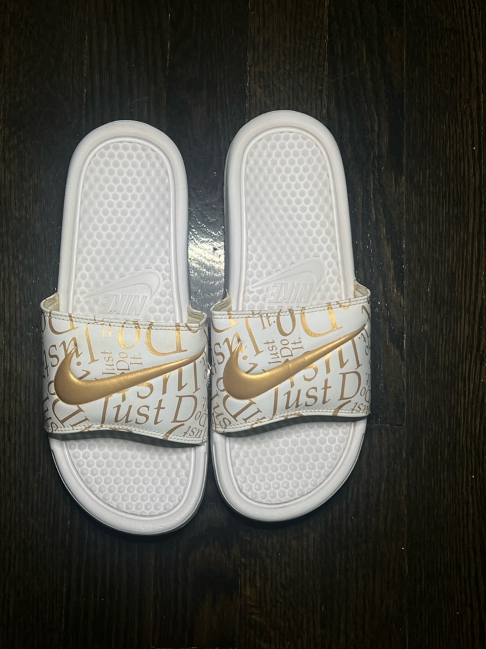 Nike White & Gold Slides